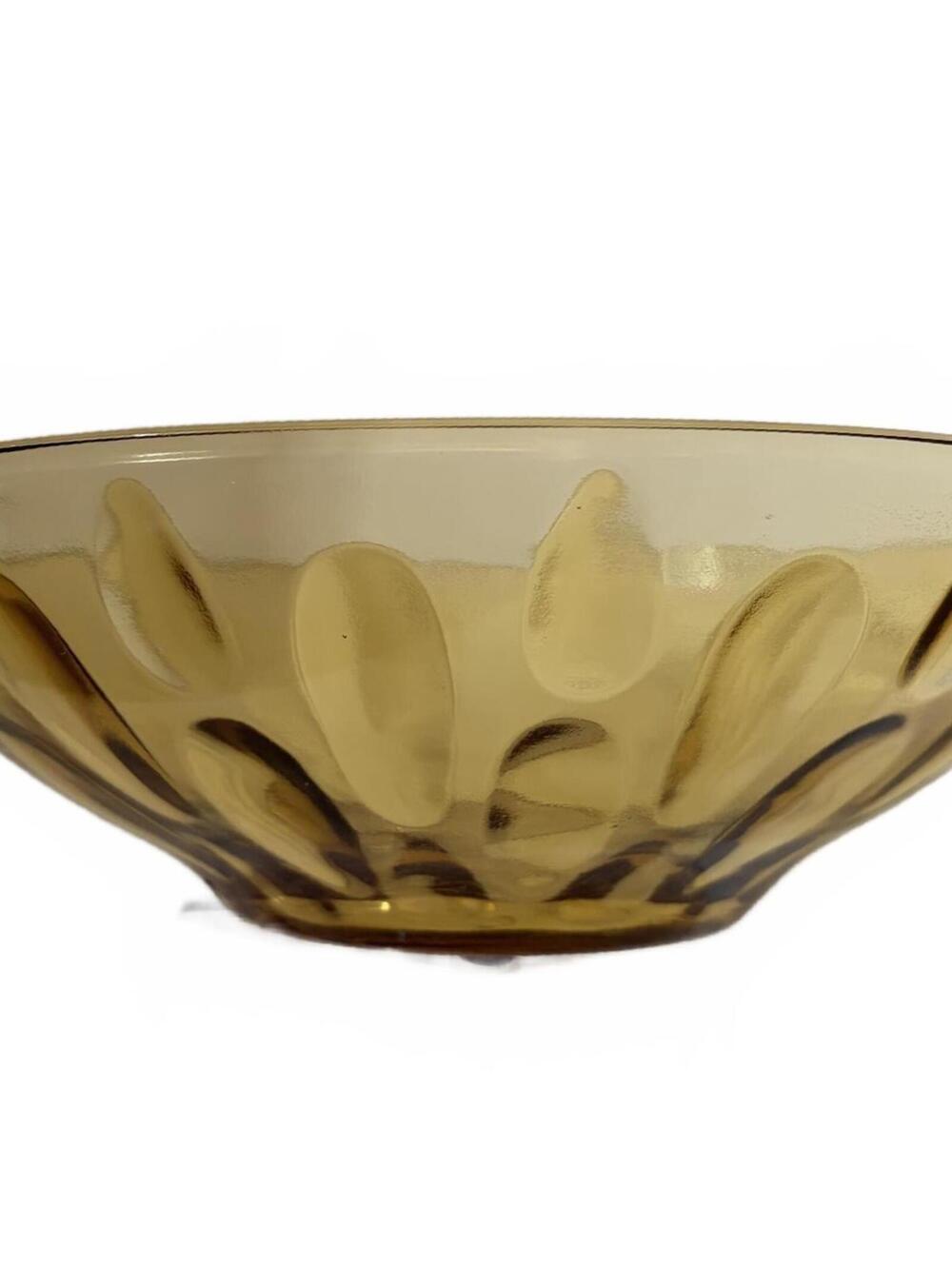 Amber Hazel Atlas glass "Lyric" pattern serving bowl with teardrop motifs.